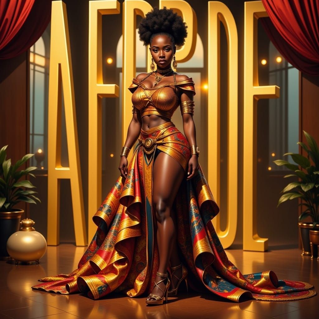 Regal Female Figure in Afrocentric Attire, Majestic and Conf...