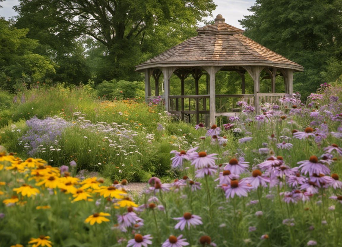 Cottage Garden with Gazebo in Morning Sunshine