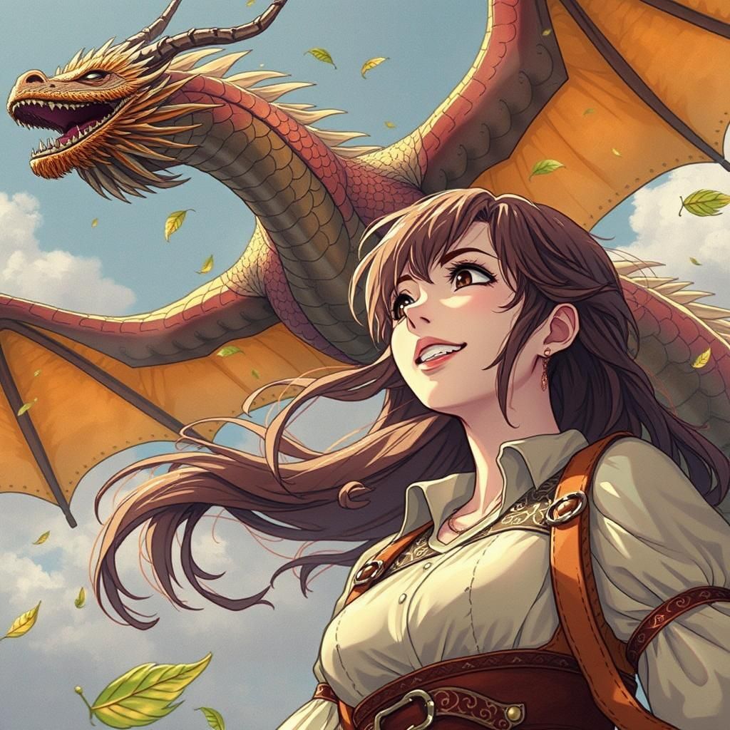 Woman Gazes at Bronze Dragon in Ghibli Anime Style
