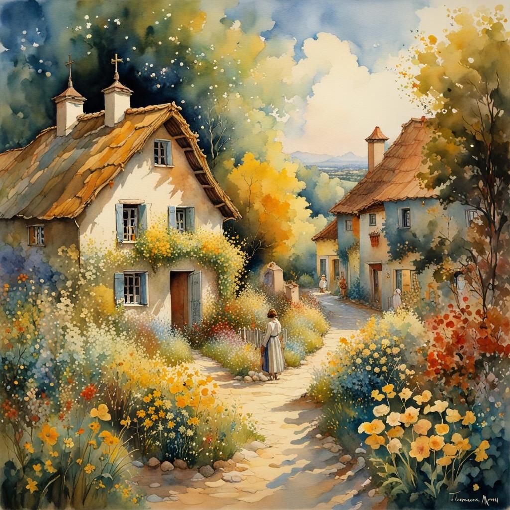 Idyllic Countryside Village: A Watercolor Paradise