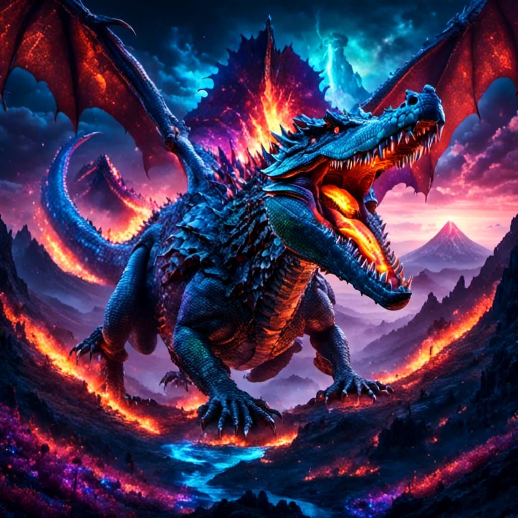 Flying Crocodile Dragon Over Volcano, Energetic Photography