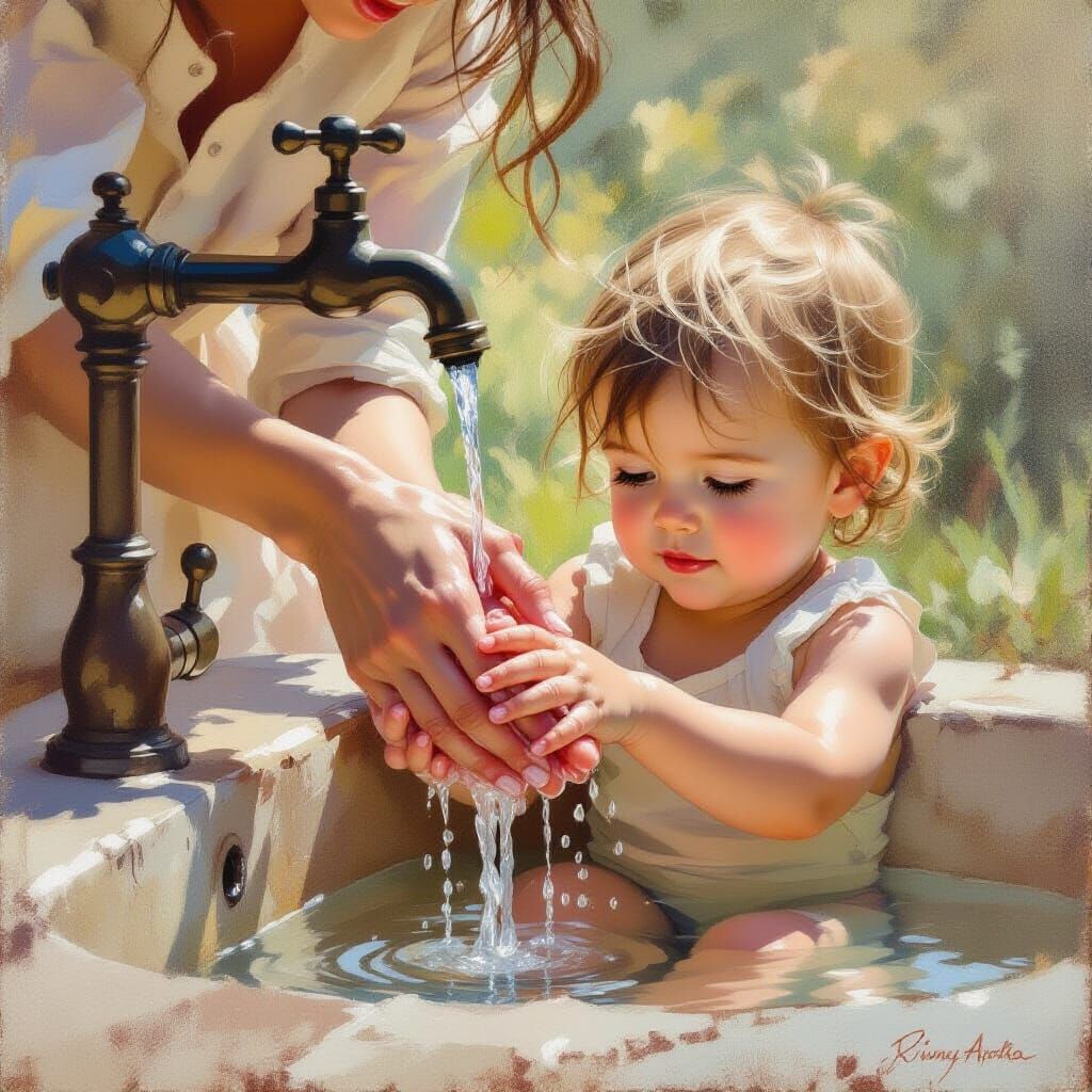 Maternal Hands Washing Toddler's Hands in Oil Painting Style