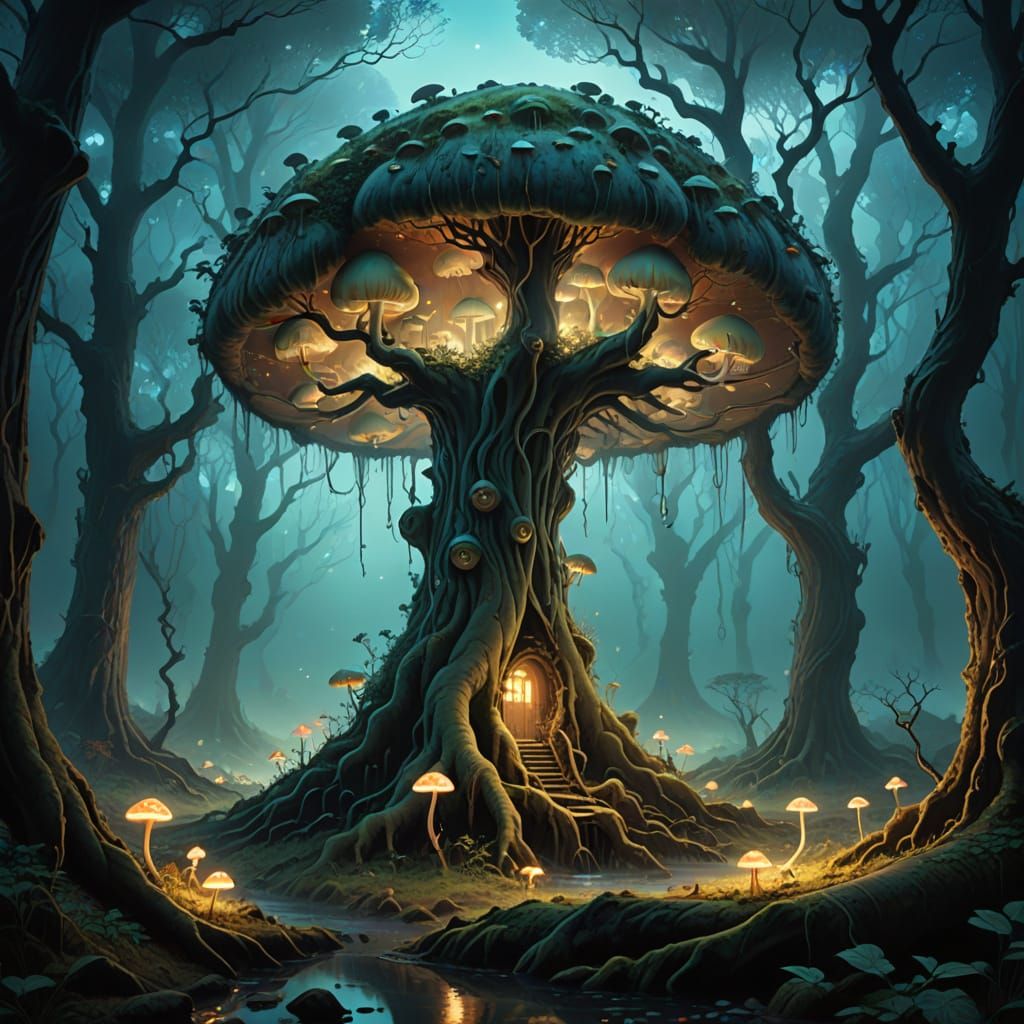 Ancient Mystical Being in Eerie Forest Landscape