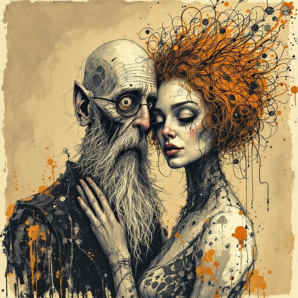 Sinister Surreal Sketch of Elderly Couple in Klimt Style