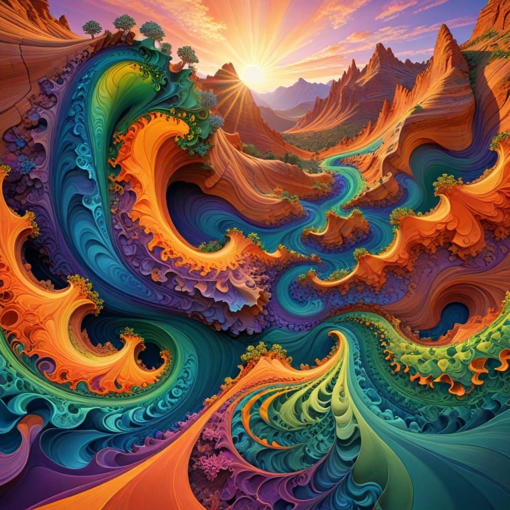 Vivid Abstract River Valley in Psychedelic Style