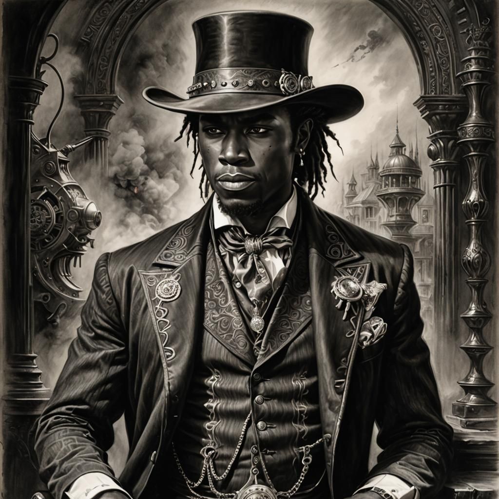 Steampunk Gambler in Wild West Charcoal Drawing
