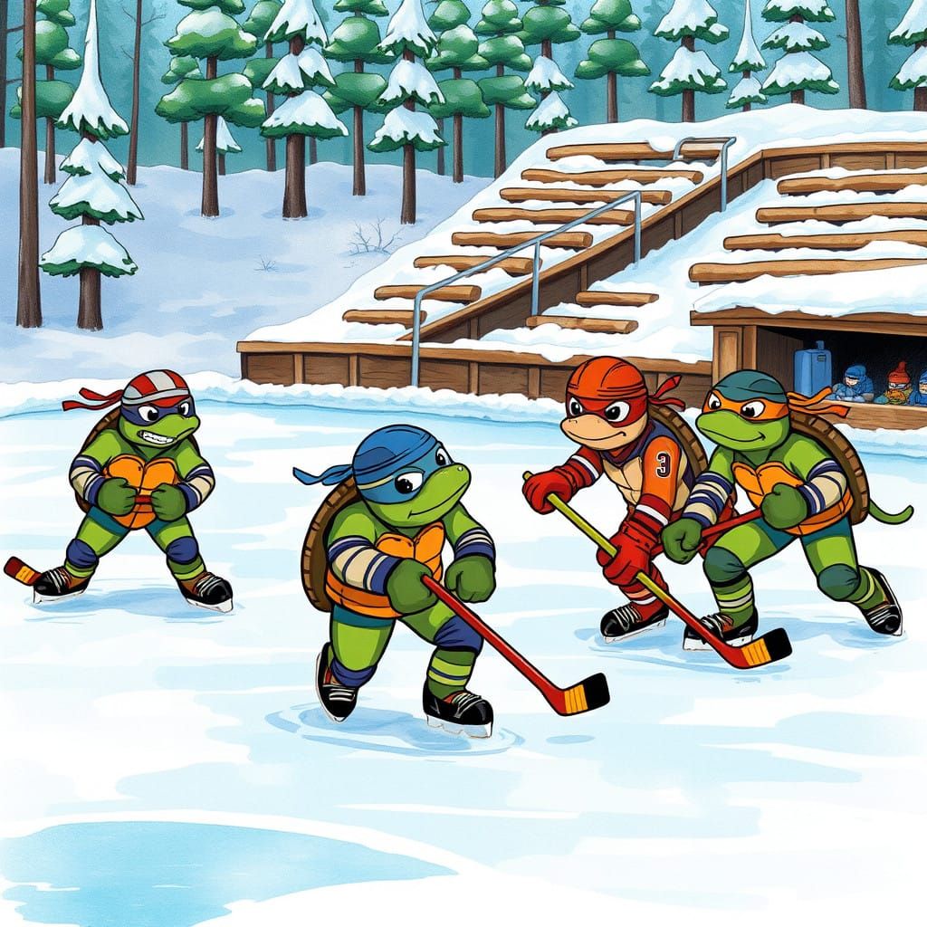 Turtles in Vibrant Ice Hockey Action