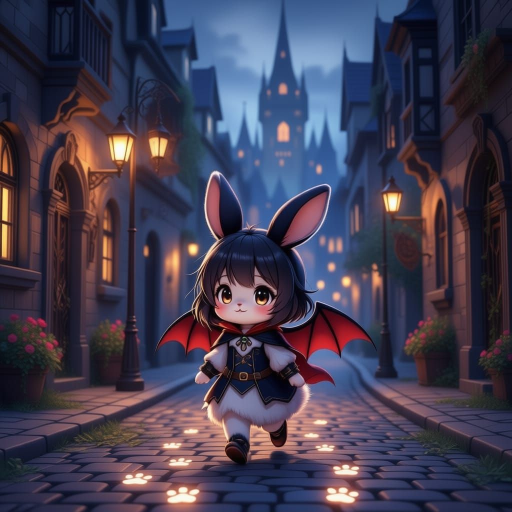 Gothic Cityscape with Bat-Winged Rabbit Girl