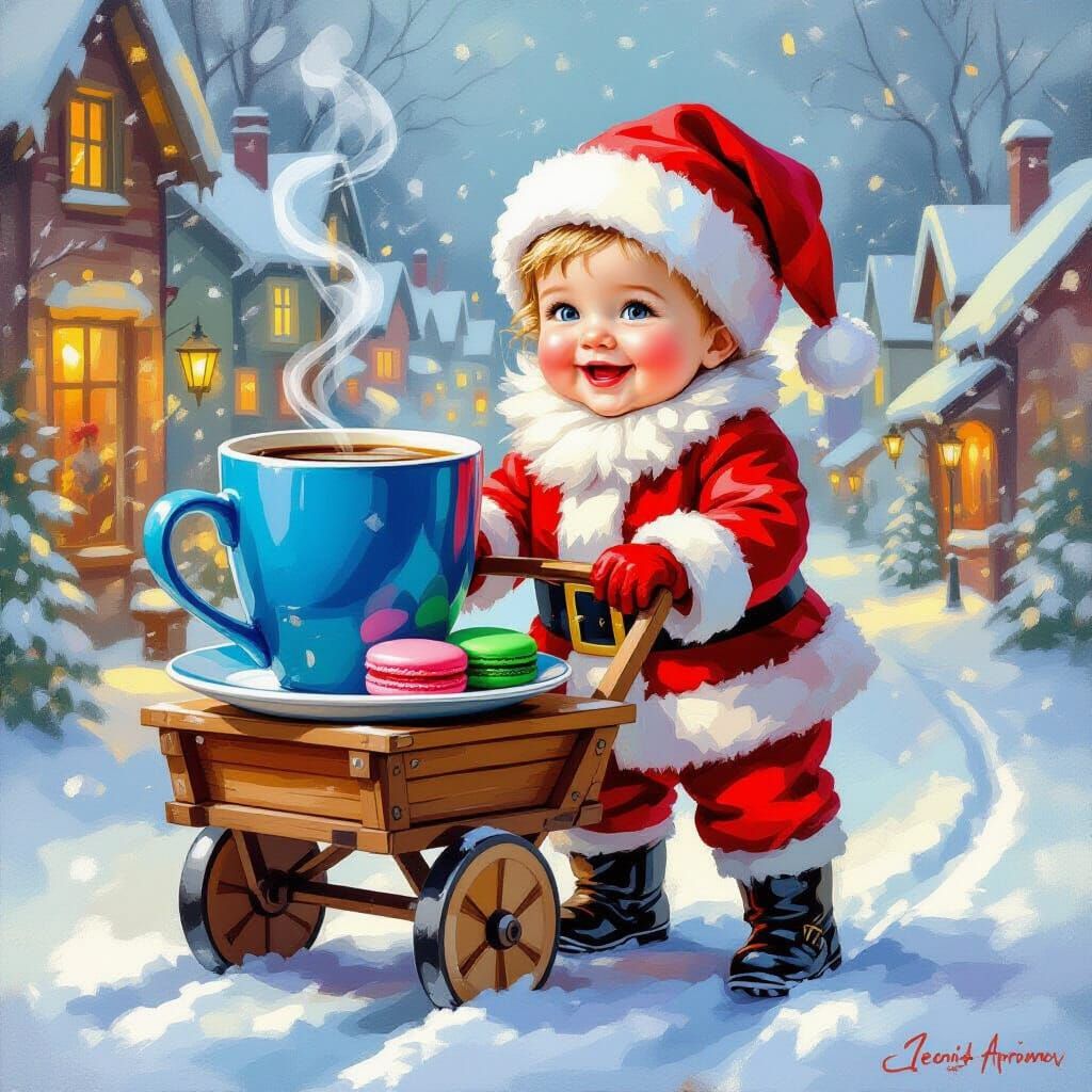 Smiling Santa Baby Pushing Cart with Coffee and Macarons