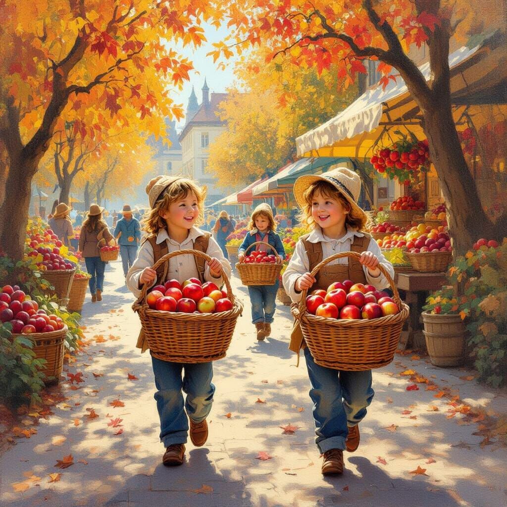Joyful Children Carry Apple Harvest to Market in Autumn Sunl...