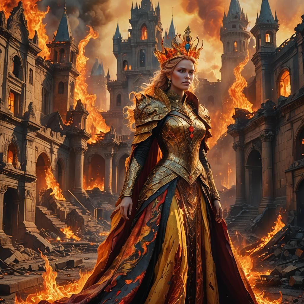 Fire Queen in Burning City: Vibrant Oil Painting