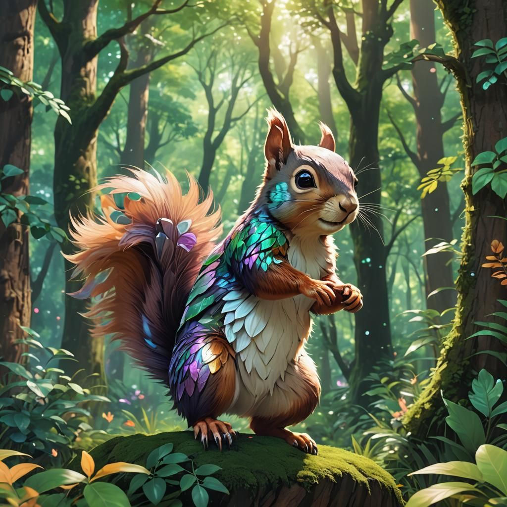 Dynamic Squirrel Anime Art in Lush Forest