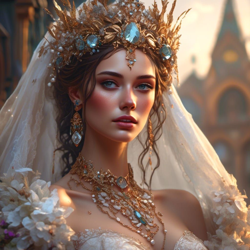 Elegant Bride Portrait with Diamonds, Hyperdetailed Art