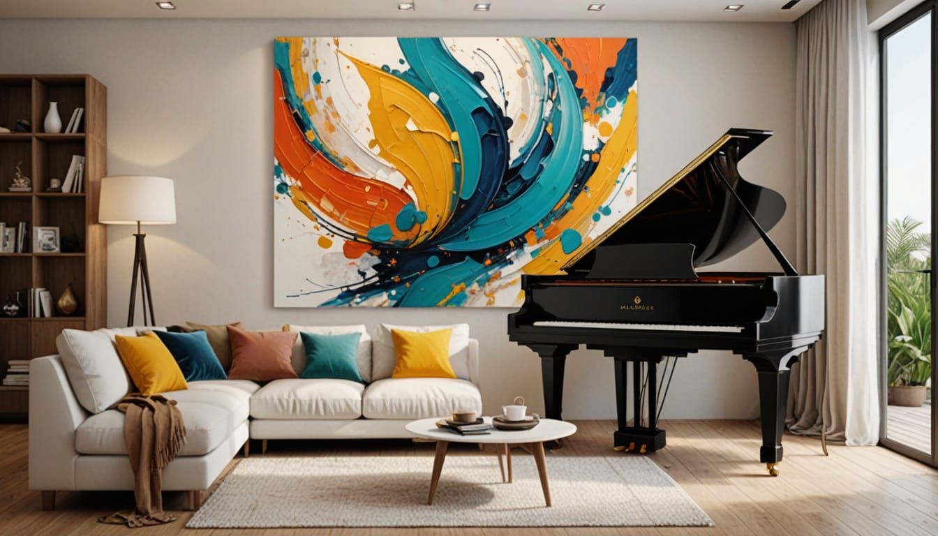 Elegant Living Room With White Grand Piano and Woman