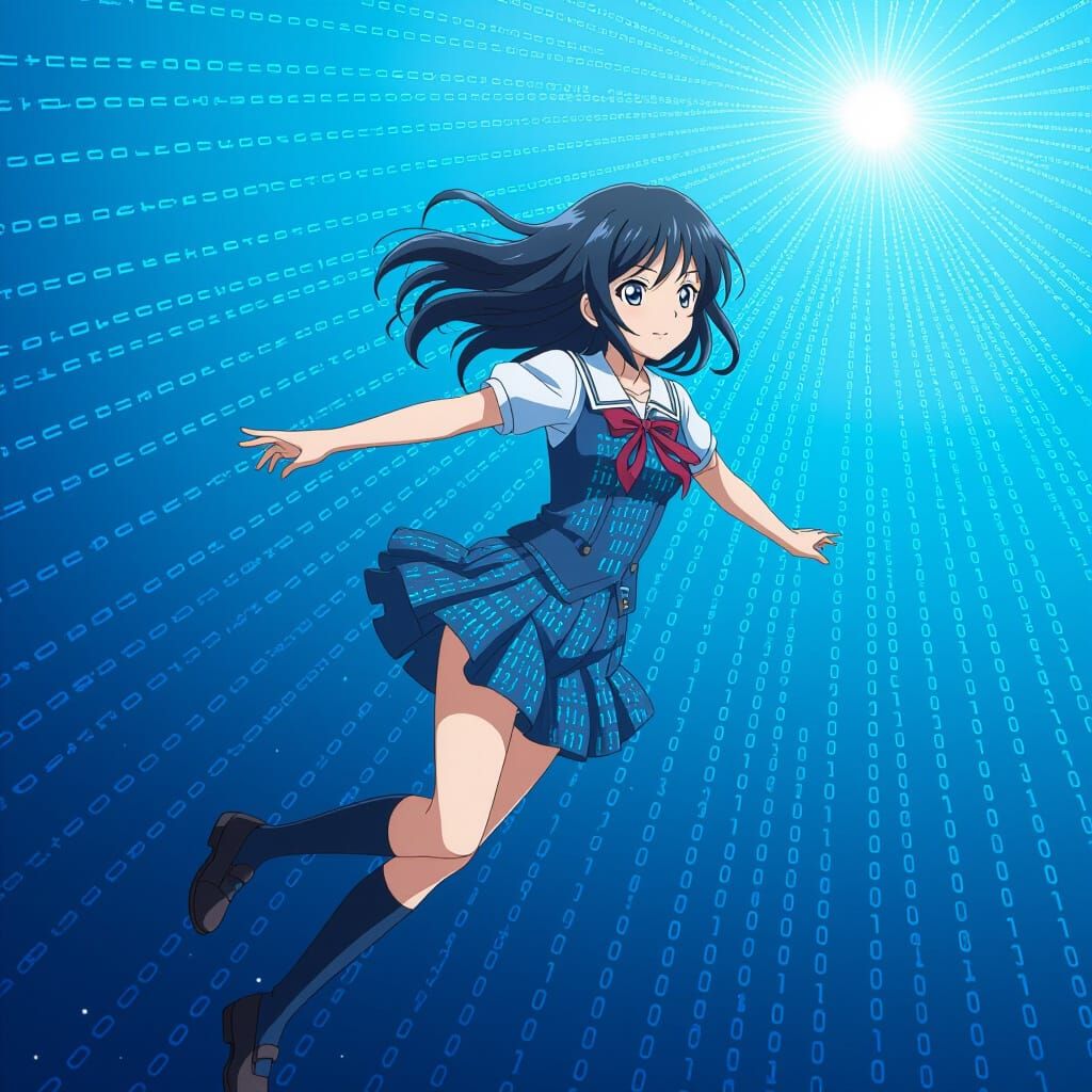 Anime Woman Made of Binary Code Flies Through Digital World
