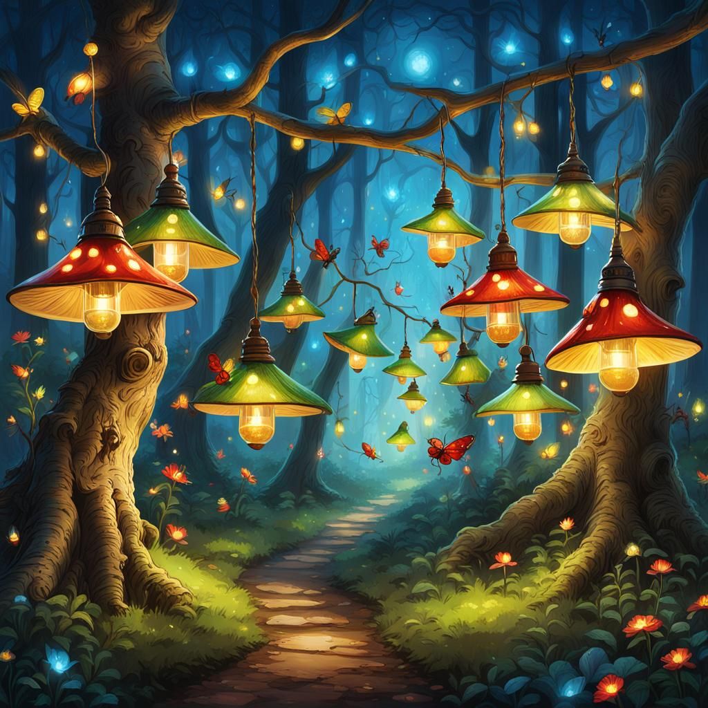 Magical Gnomes Illuminate Forest with Firefly Lamps
