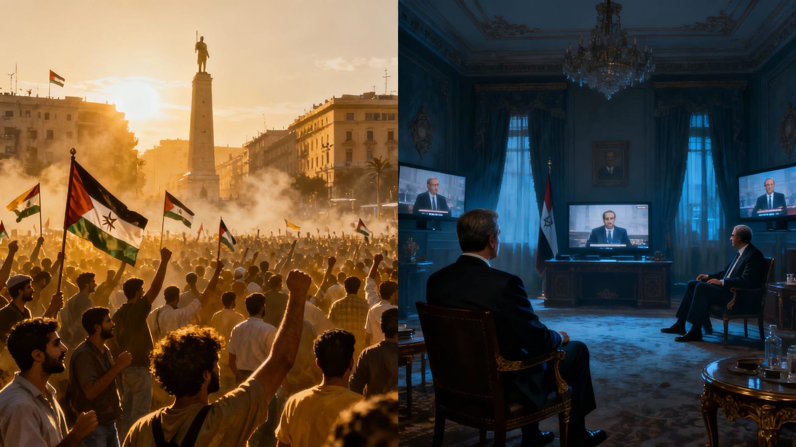 Cairo Protest Scene vs. Politicians in Dim Room Digital Pain...