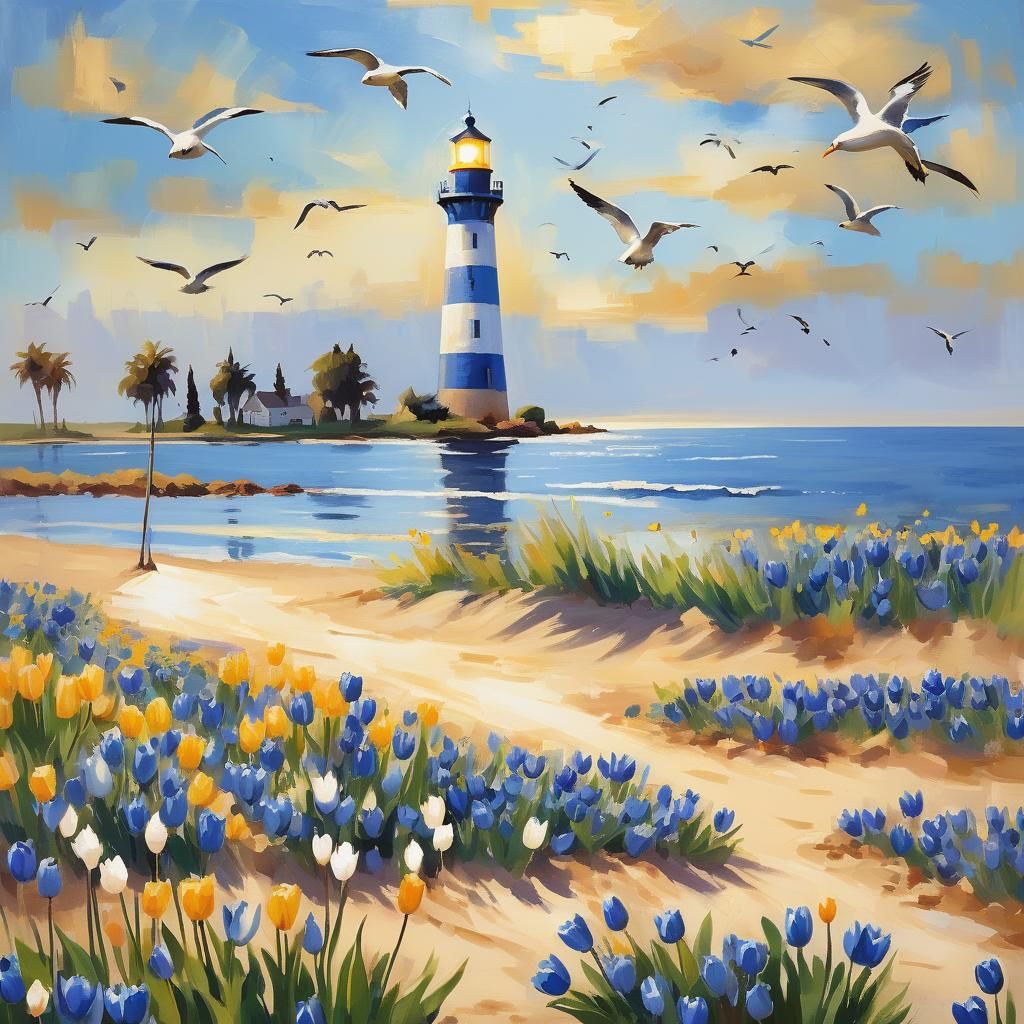 Impressionist Seascape with Lighthouse and Blue Tulips