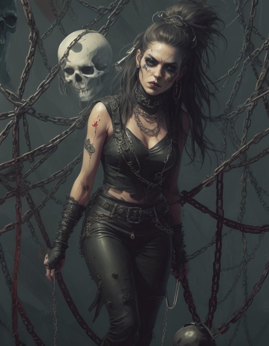Miss Whiplash with Whips and Skulls in Digital Art