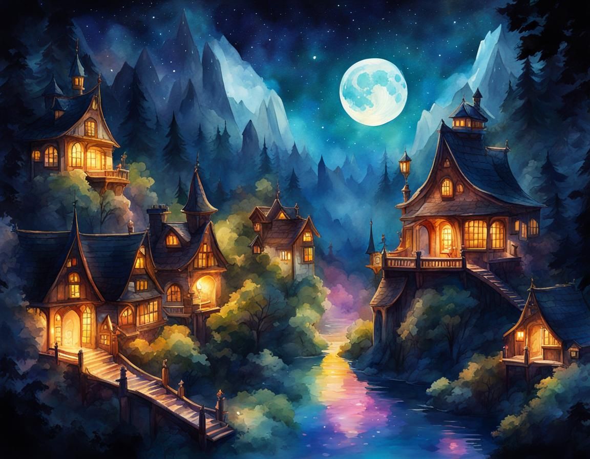 Magical Dark Magic Scene in Watercolor Art