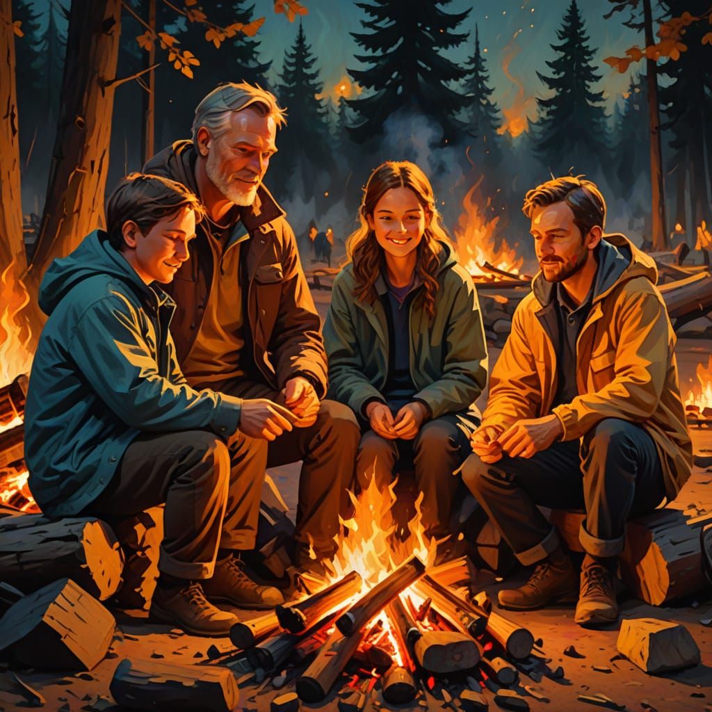 Cozy Campfire Scene in Oil Painting Style