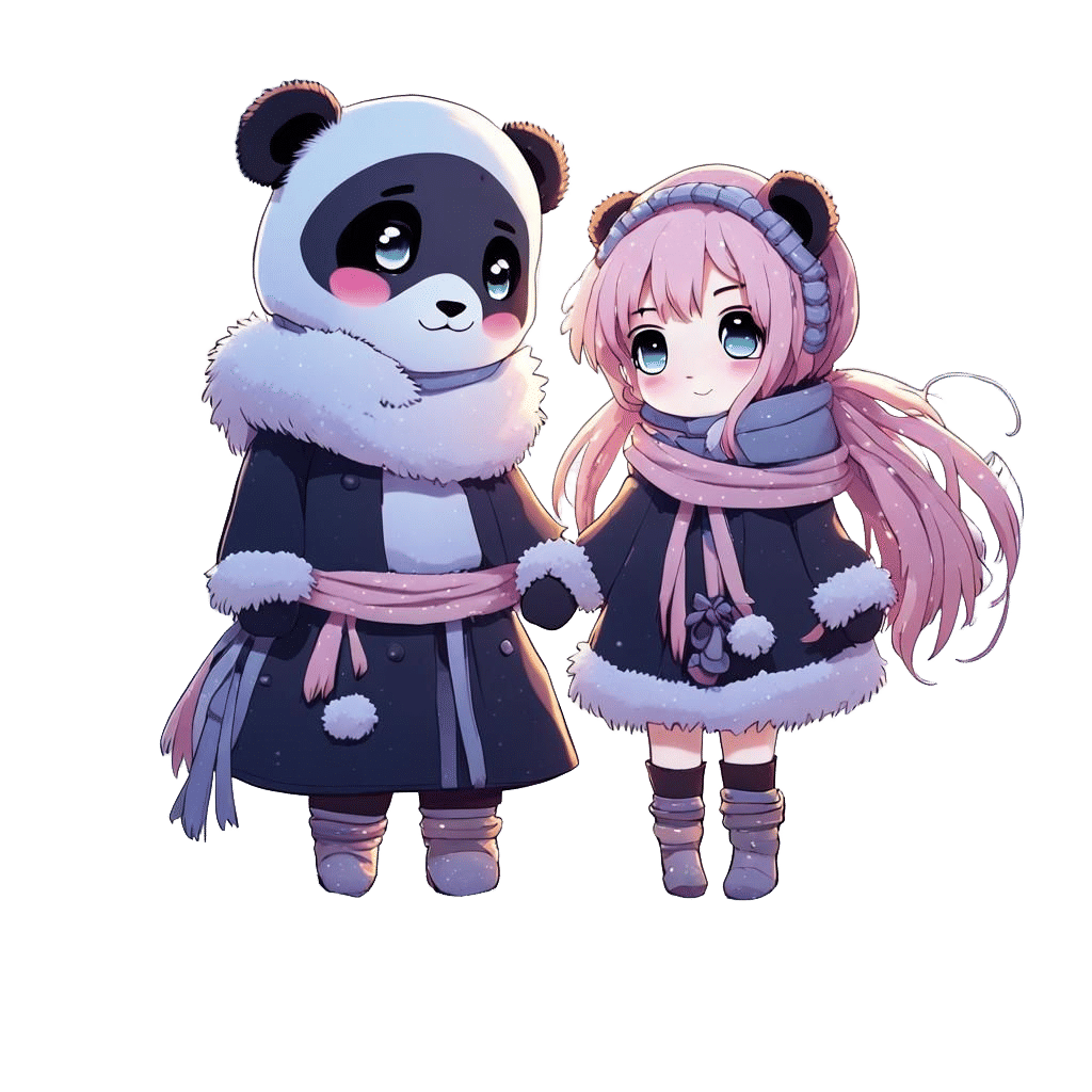 Anime Girl and Chibi Panda in Snowy Tundra