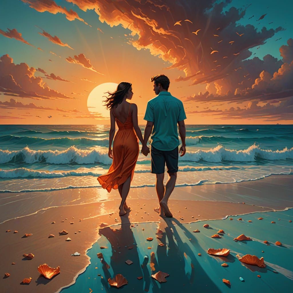 Couple at Twilight Beach in Vibrant Orange and Teal
