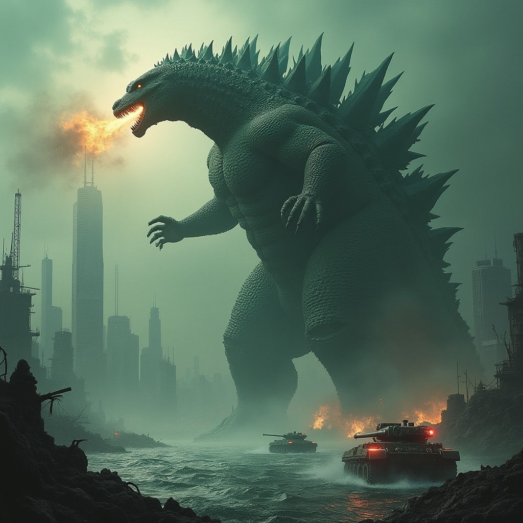 Godzilla Rises: King of Monsters in Ruined Cityscape