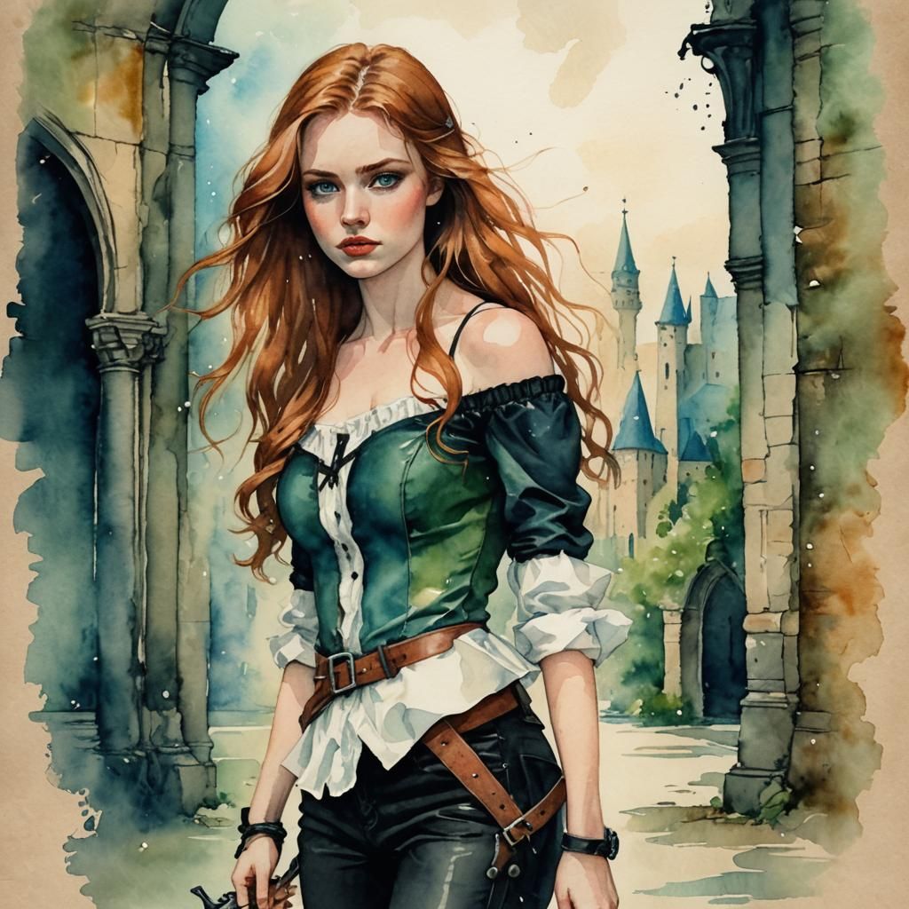 Teenage Adventurer in Medieval Fantasy Watercolor