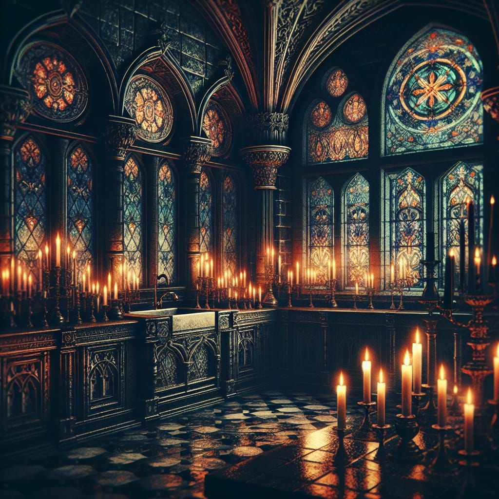 Gothic Kitchen with Stained Glass in Japanese Art Style