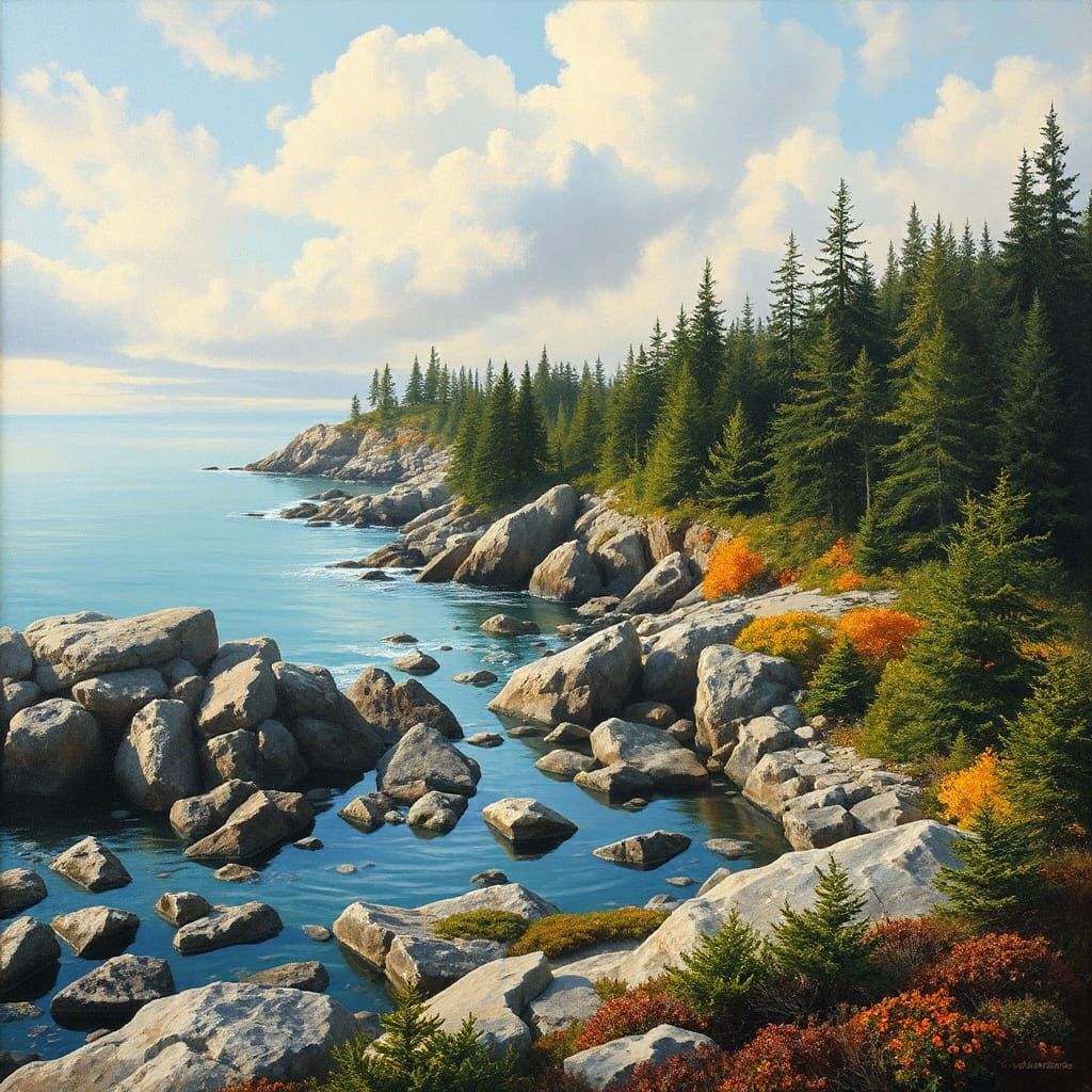 Maine Coastal Landscape in Impressionist Style