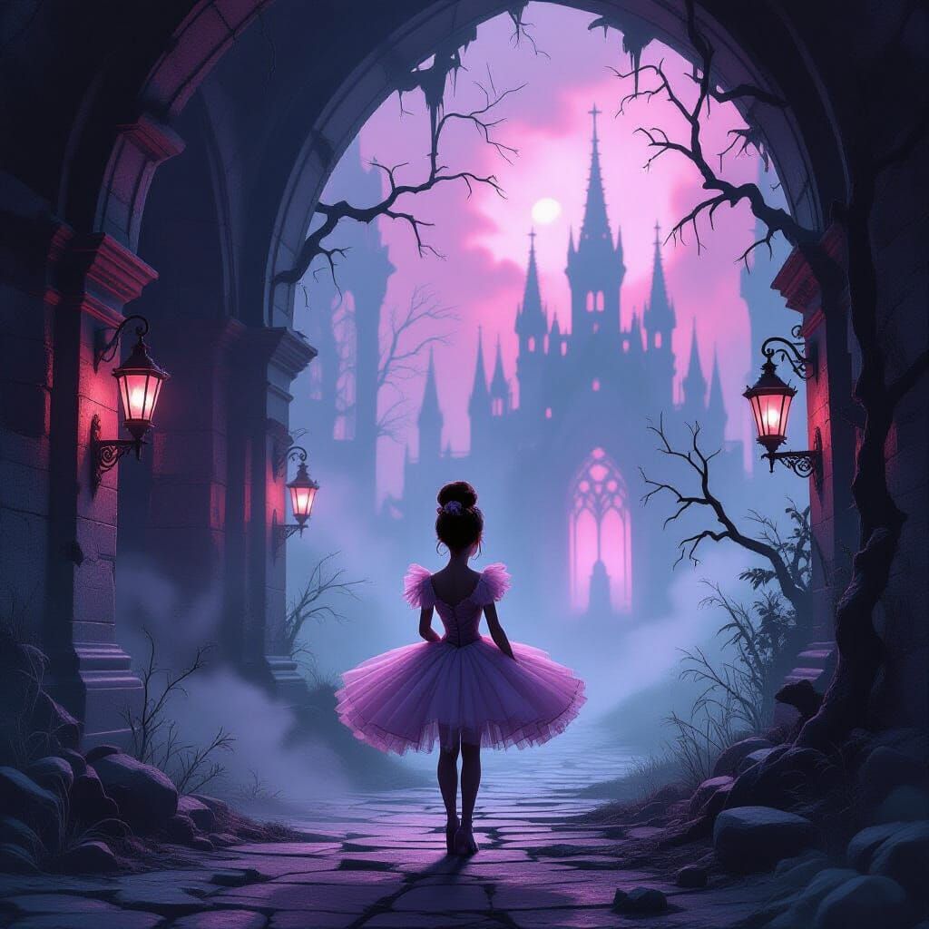 Toy Soldier Guards Pink Gothic Crypt in Dark Fantasy Fog