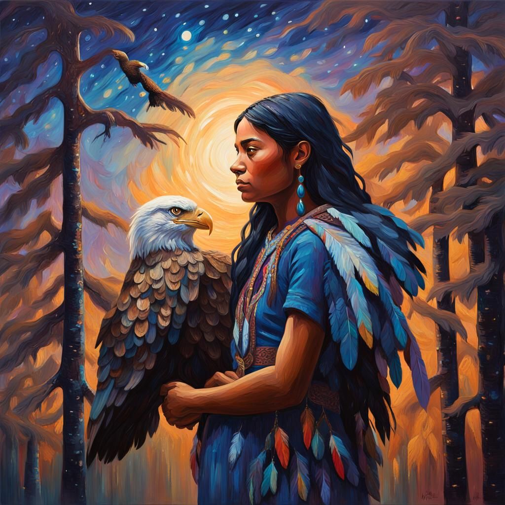 Native American Girl with Eagle, Impasto Oil Painting