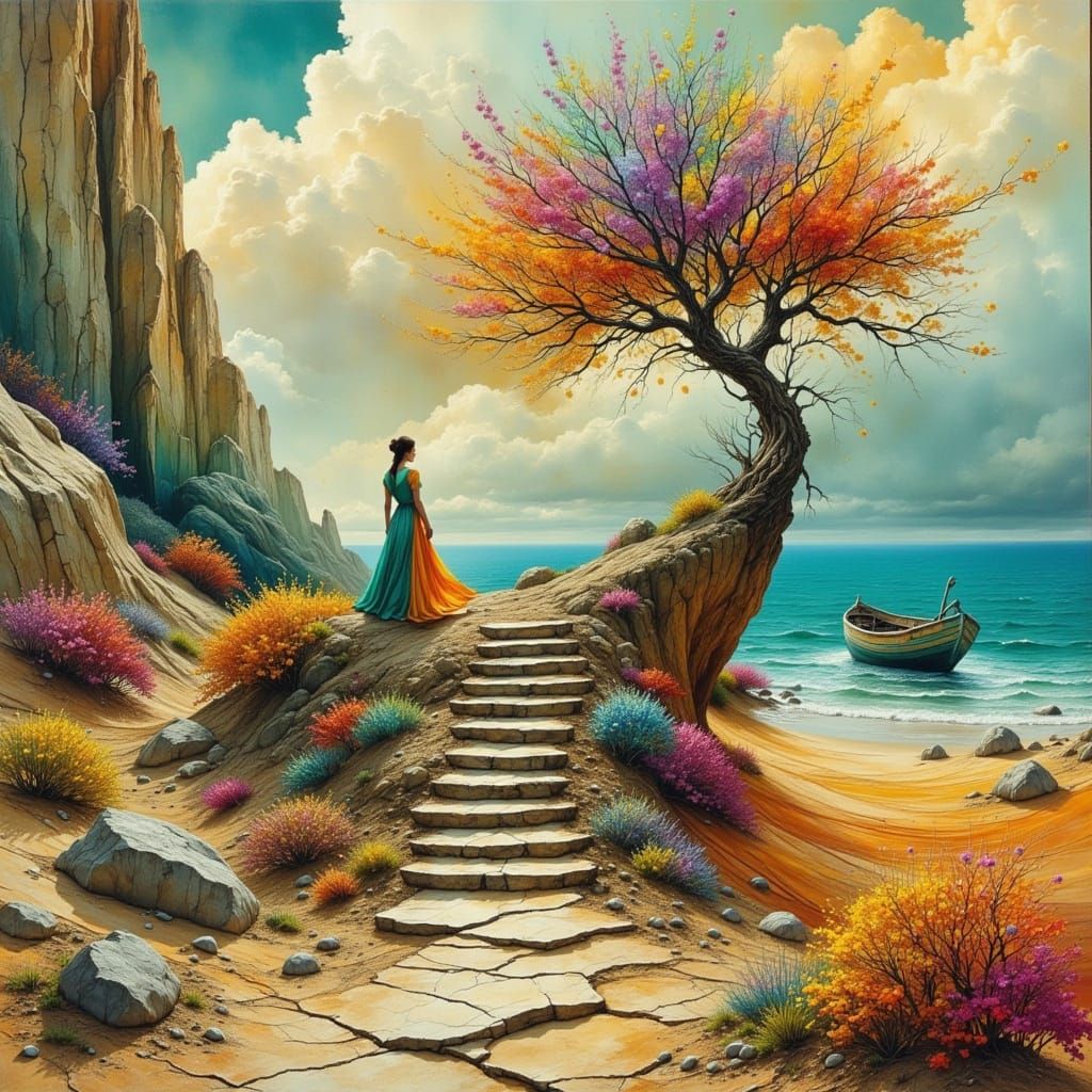 Surreal Seascape with Blossom Tree in Beksiński Style