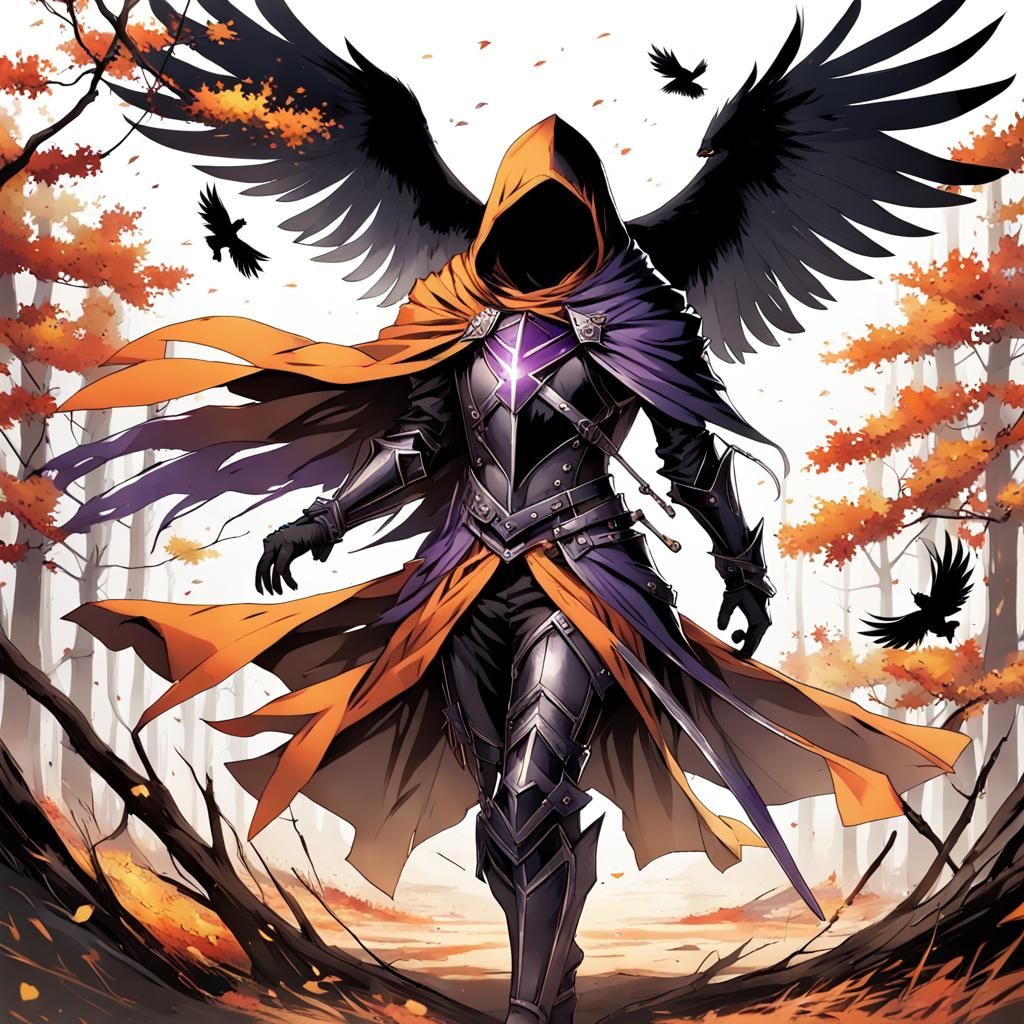 Crow Humanoid Knight in Autumn Anime Style