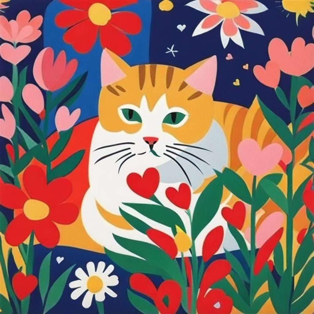 Cat on Pillow in Flower Garden, Fauvist Style