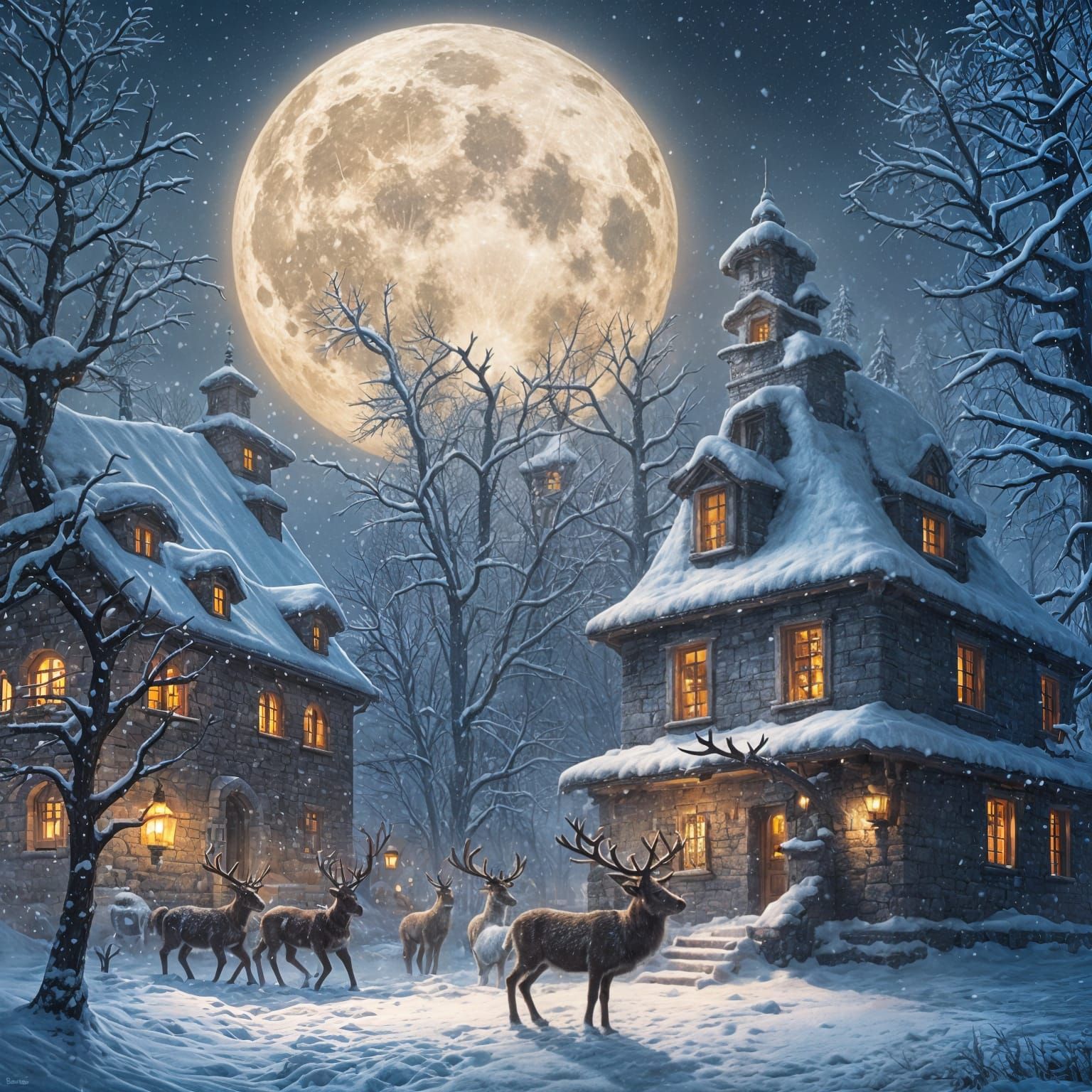 Midnight Christmas in a Snowy Medieval Village