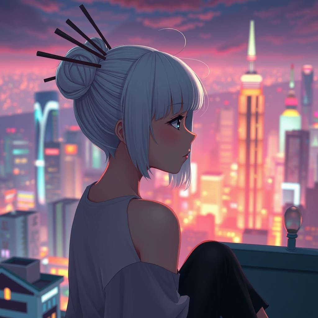 Girl Contemplates Cityscape in Whimsical Cyberpunk Style