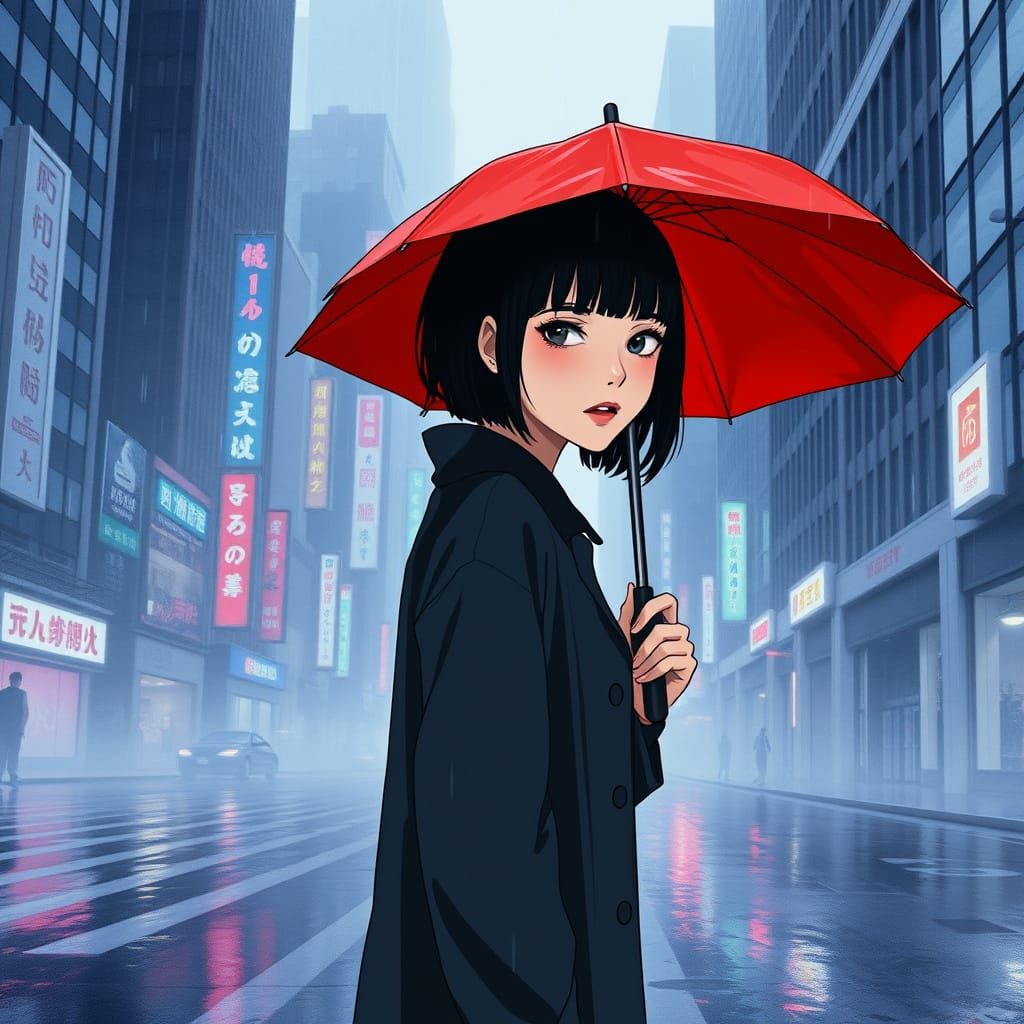 Moody City Scene with a Young Woman and Red Umbrella