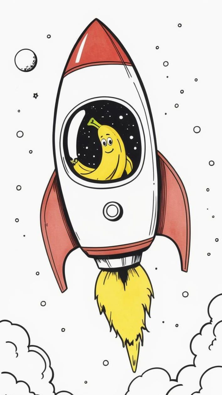Banana Astronaut on Rocket in Comic Style