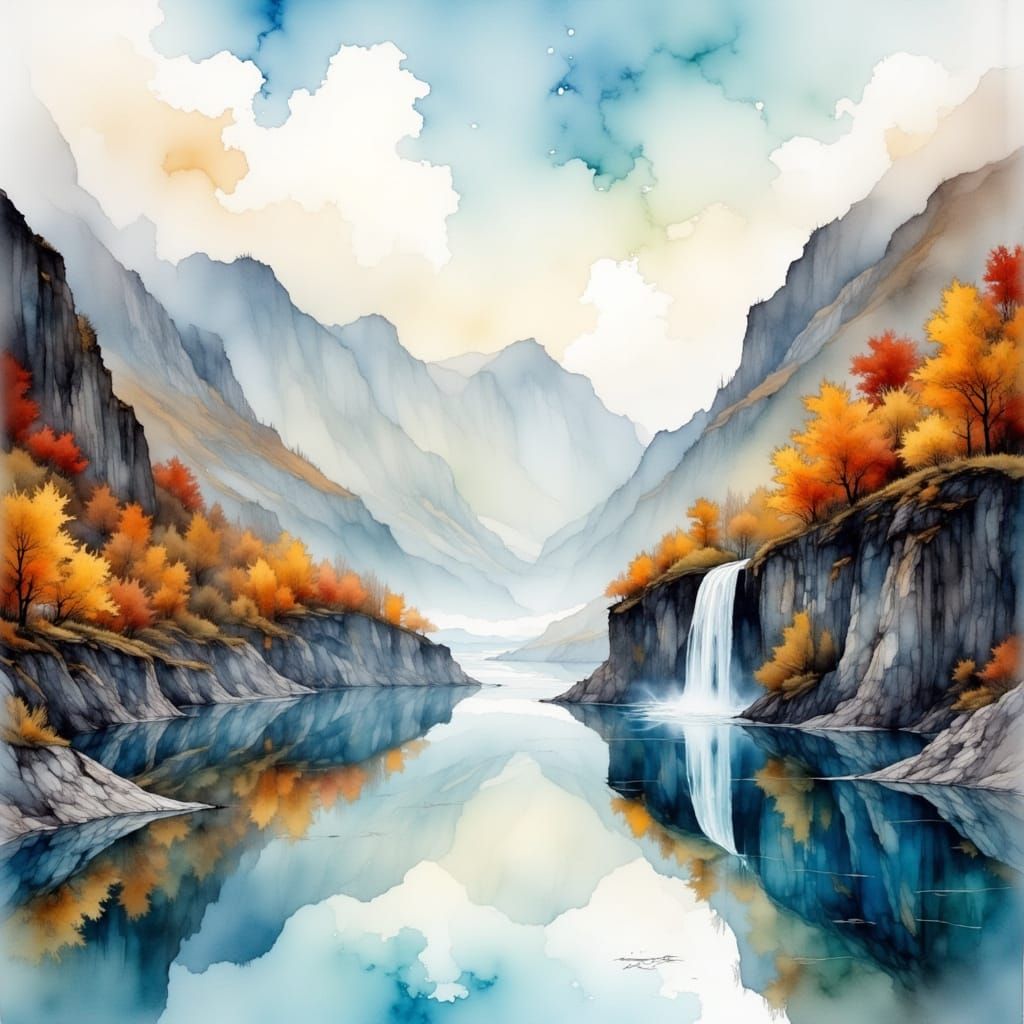 <lora:Flux - Painterly:1.0> A wide, still fjord with light a...