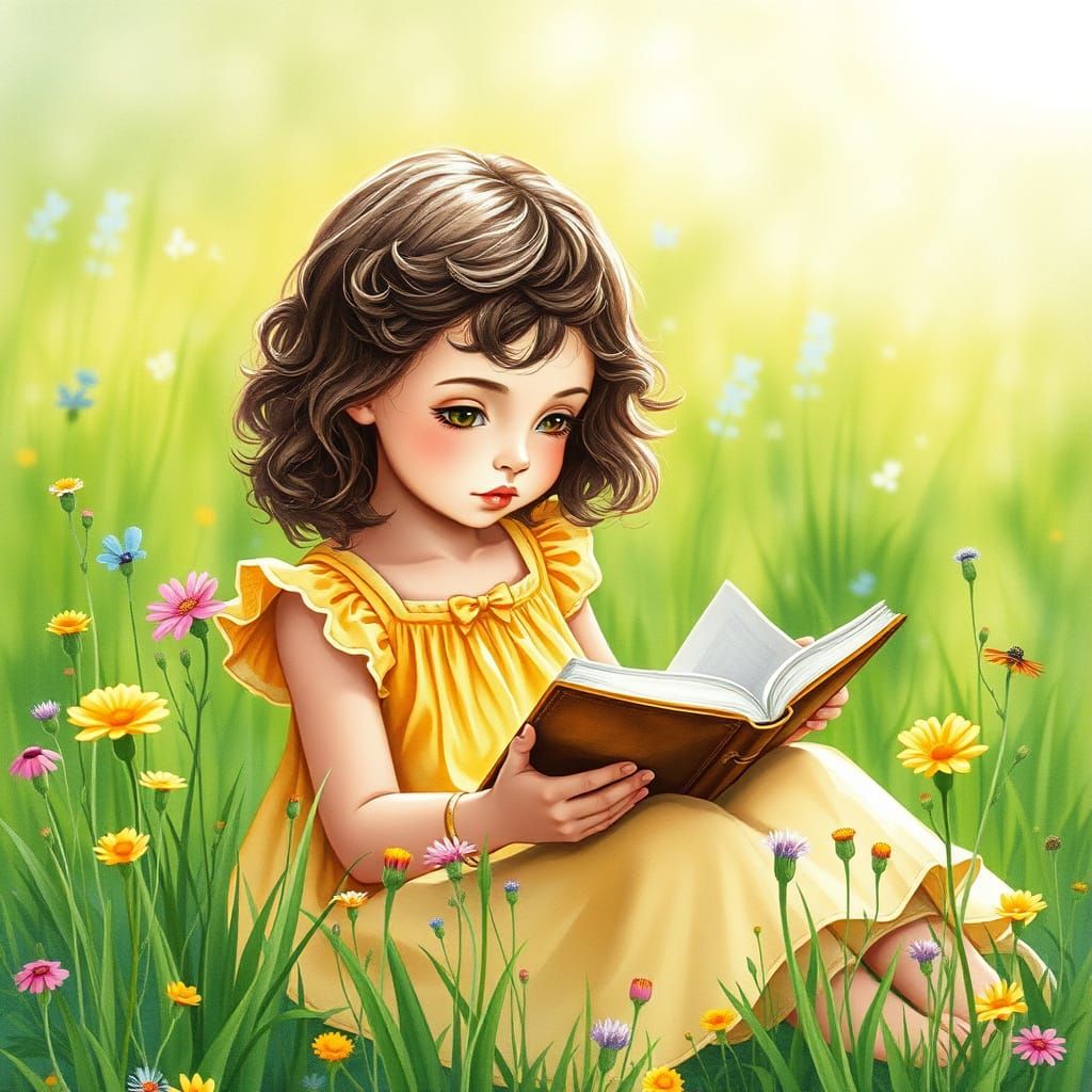 Whimsical Girl Reads in a Lush Meadow