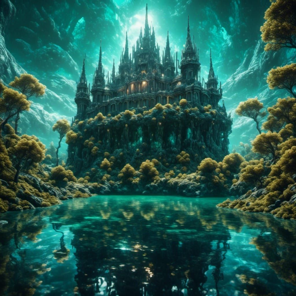Elven kingdom beautiful ocean scape, castle at the bottom of the sea, lush green scenery, bone white trees with alien fr...