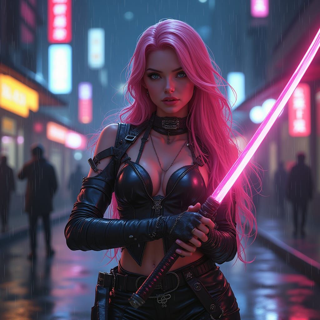 Cyberpunk Woman with Neon Katana in Rainy City