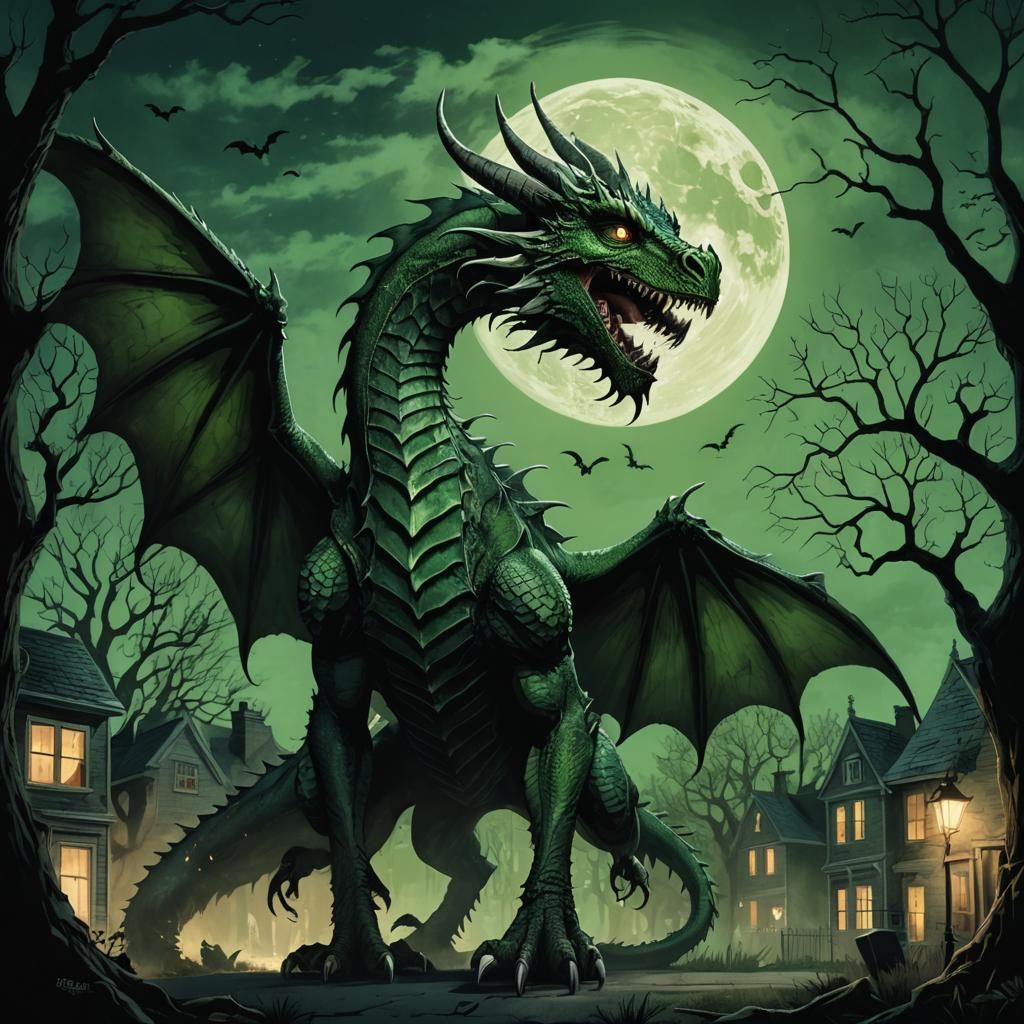Green Dragon in Schoolyard: Dark Fantasy Illustration