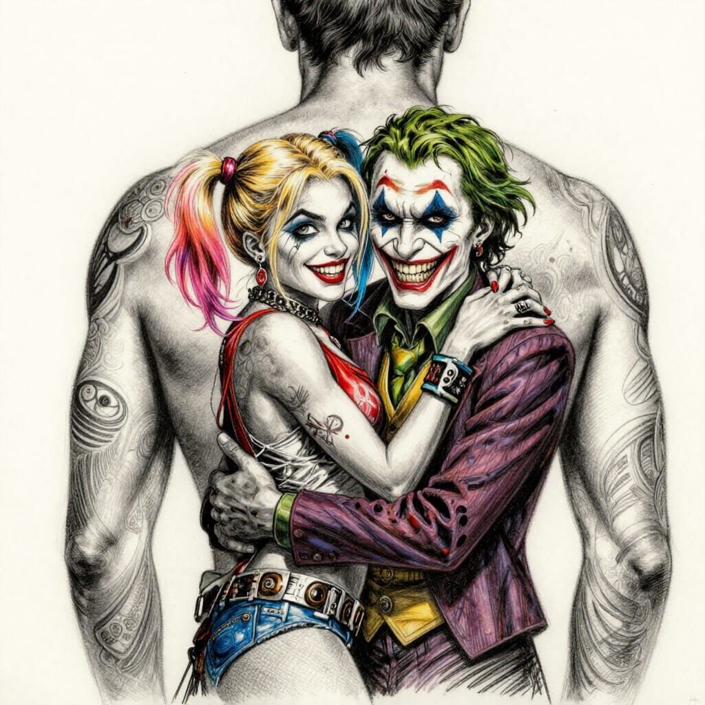 Harley Quinn and Joker Tattoo in Charcoal Style