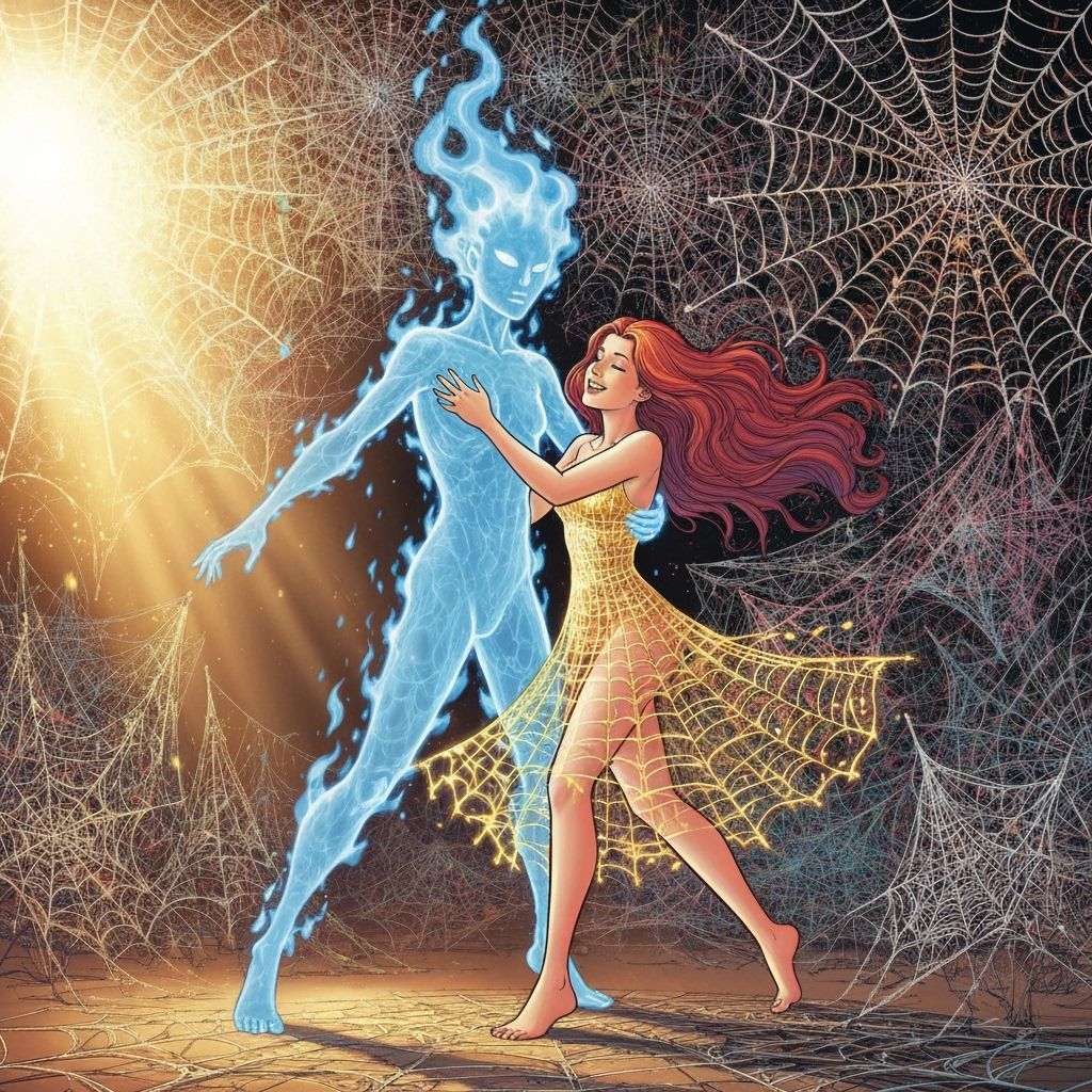 Happy Girl Embraced by Blue Fire Spirit in Spider Web Room