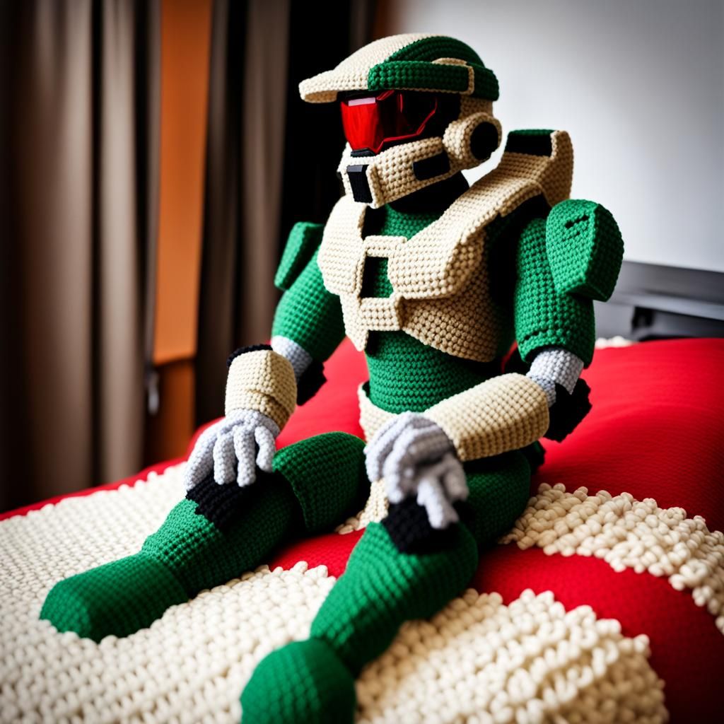 A master chief john 117 made of crochet yarn on a red bed