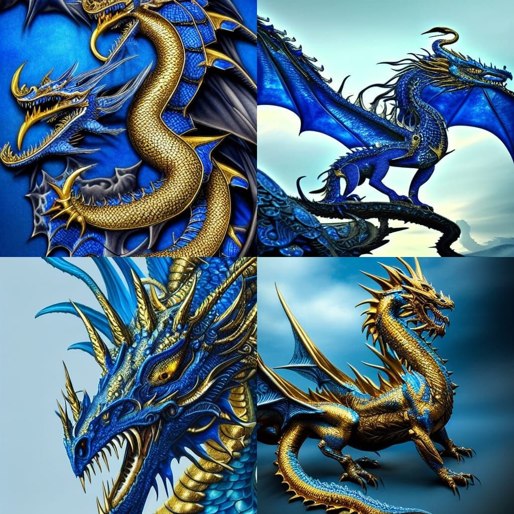 Blue and Gold Metal Dragon in Hyperrealism