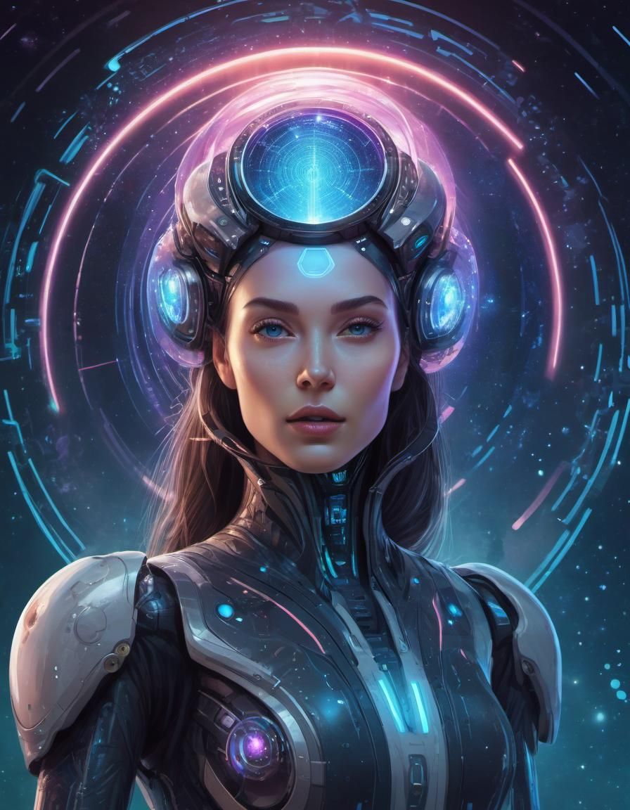 Android Woman in Laboratory with Space Portal